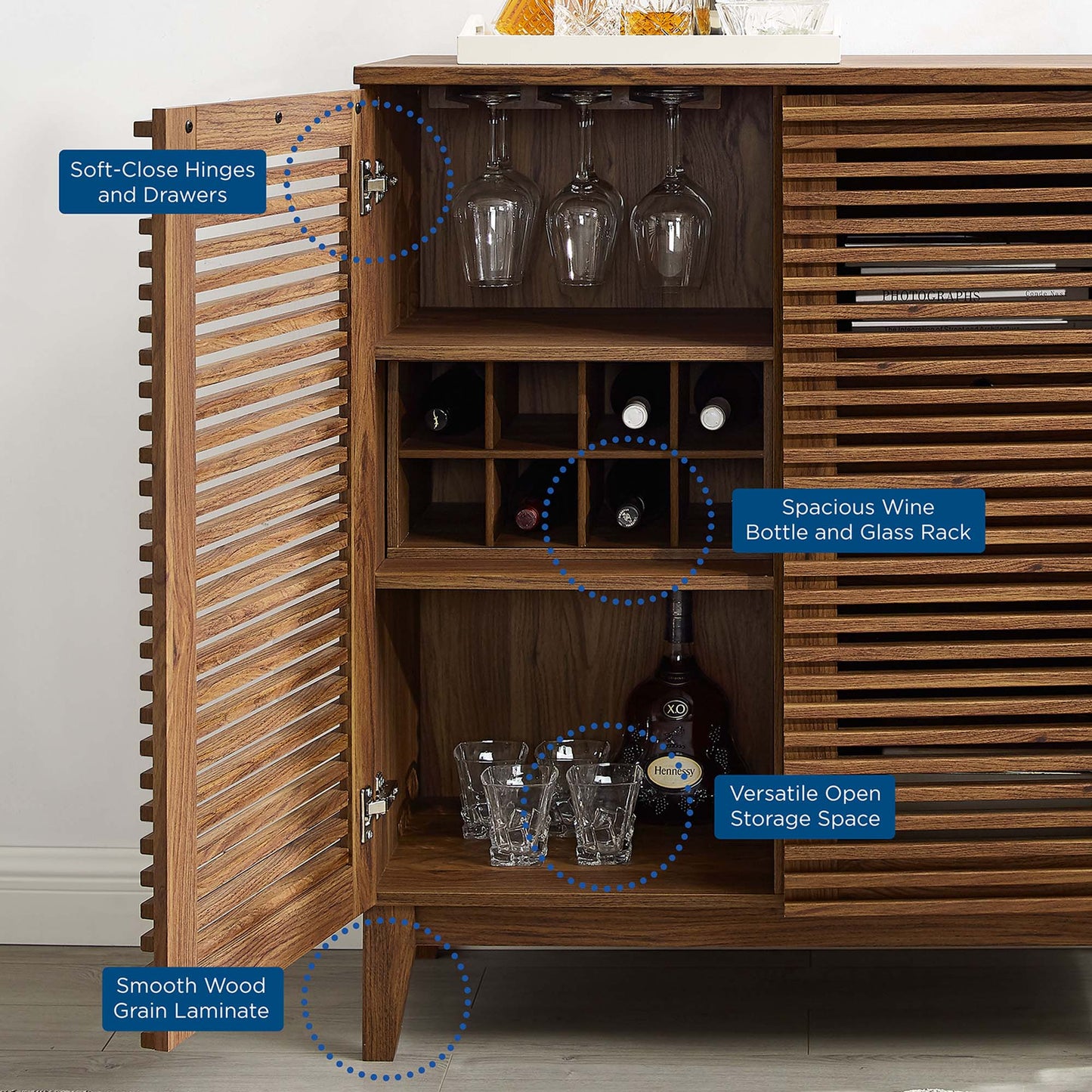 Walnut wood cabinet with slatted doors, soft-close drawers, wine bottle and glass rack, plus open storage space.