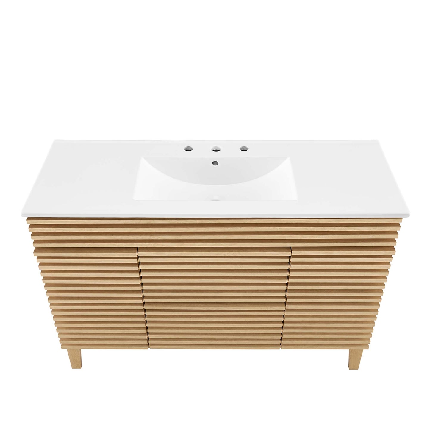 White rectangular vanity countertop with integrated sink, oak slat-front cabinet, freestanding bathroom vanity.