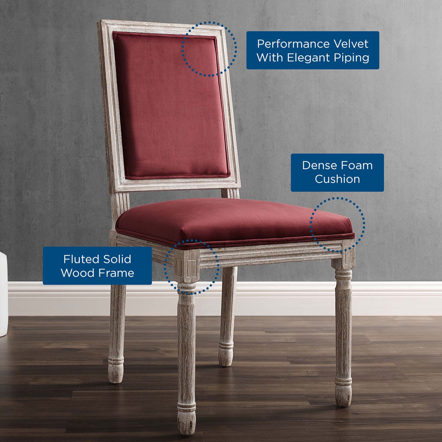 Modway Outlet Court French Vintage Performance Velvet Dining Side Chair by Modway Bar and Dining Furniture Natural Maroon - EEI-4662-NAT-MAR