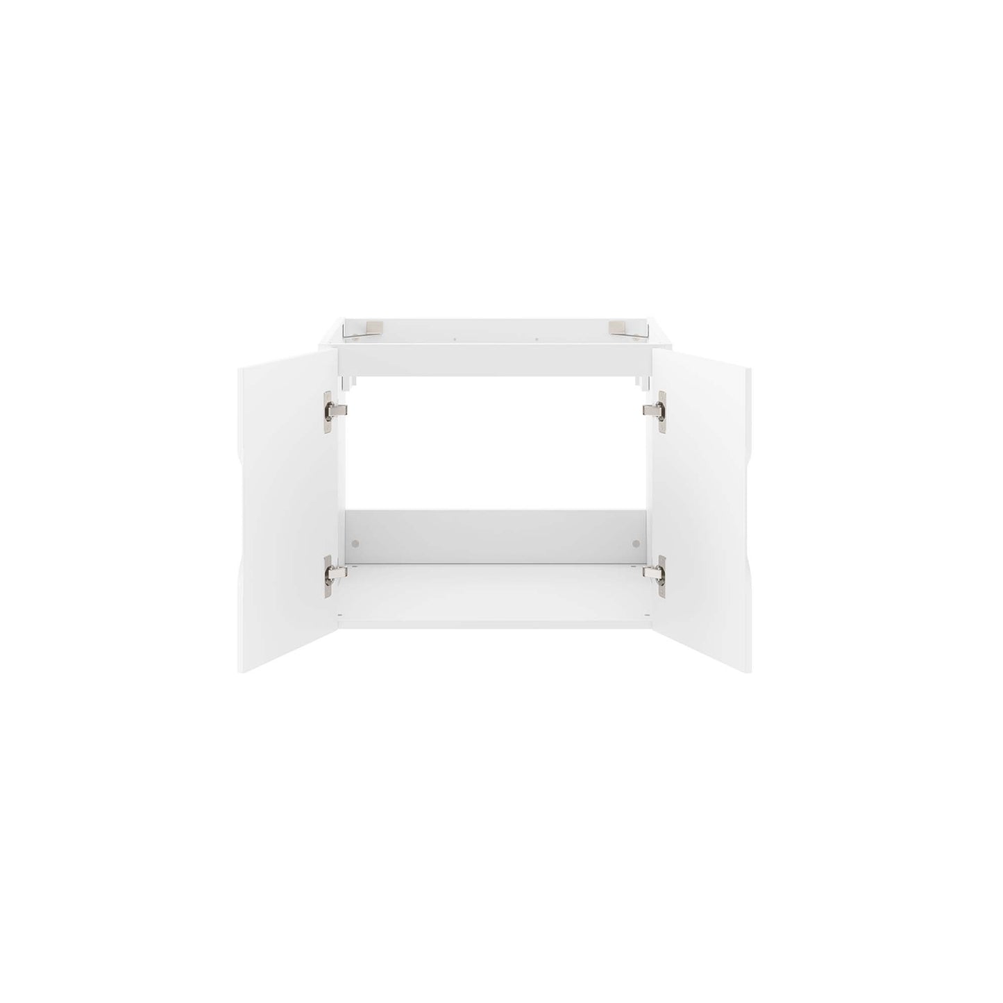 White bathroom vanity cabinet with two outward-opening doors, interior shelf, modern minimalist storage.