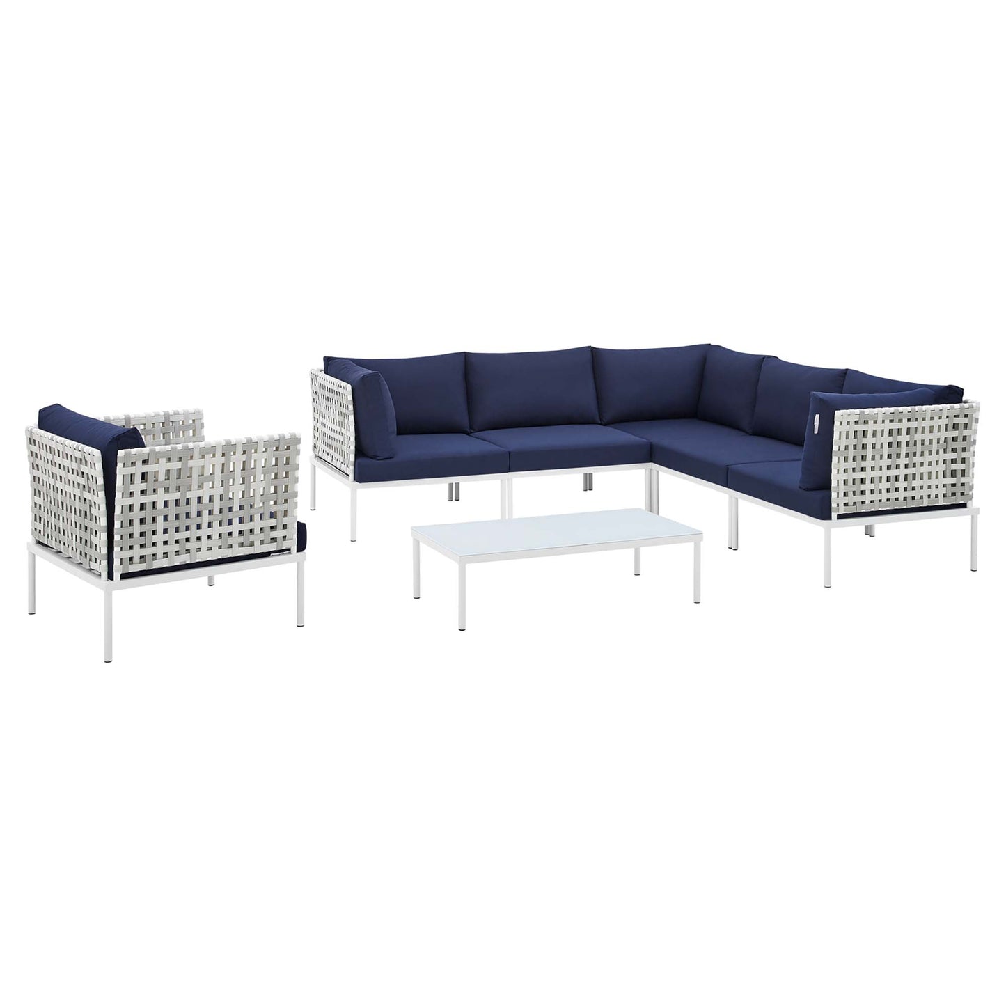 Modway Outlet Harmony 7-Piece Sunbrella? Basket Weave Outdoor Patio Aluminum Sectional Sofa Set by Modway Outdoor Furniture Furniture Taupe Navy - EEI-4934-TAU-NAV-SET