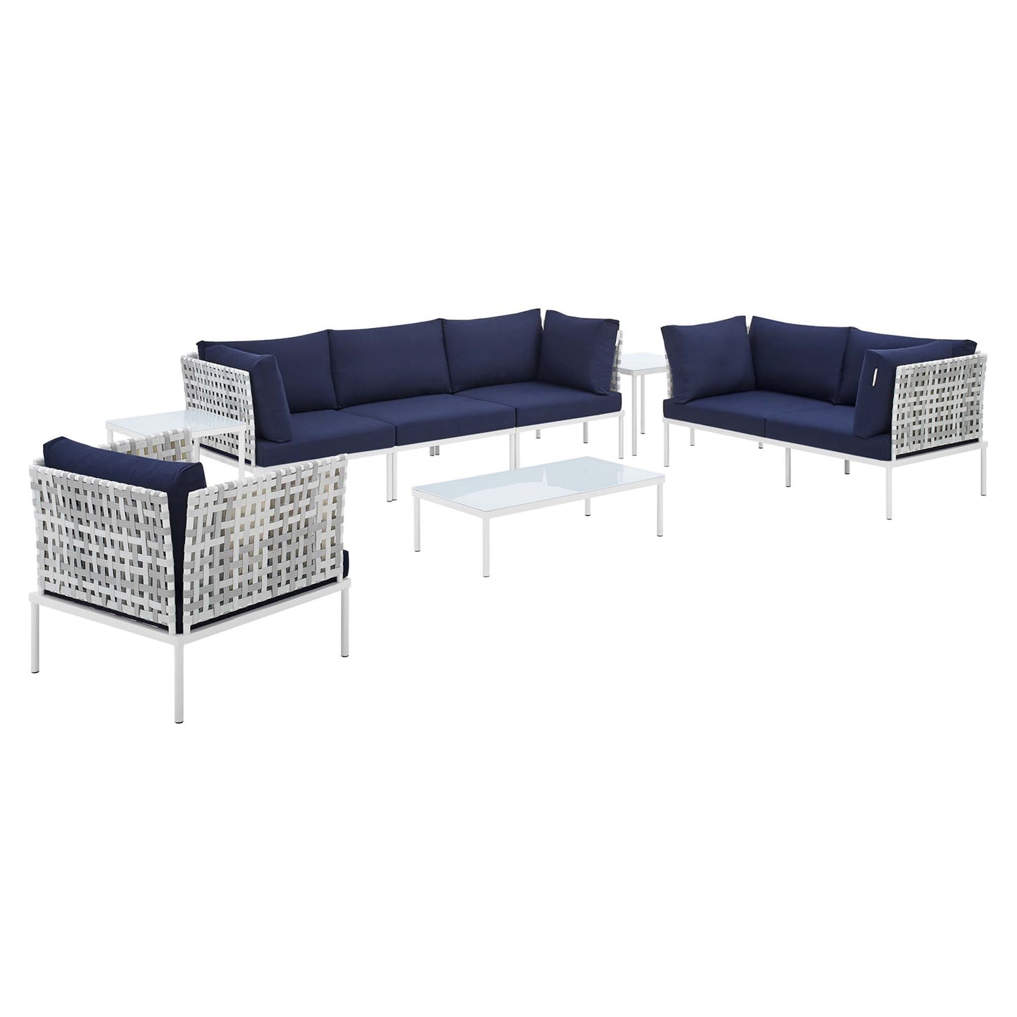 Modway Outlet Harmony 8-Piece Sunbrella? Basket Weave Outdoor Patio Aluminum Seating Set by Modway Outdoor Furniture Furniture Taupe Navy - EEI-4946-TAU-NAV-SET
