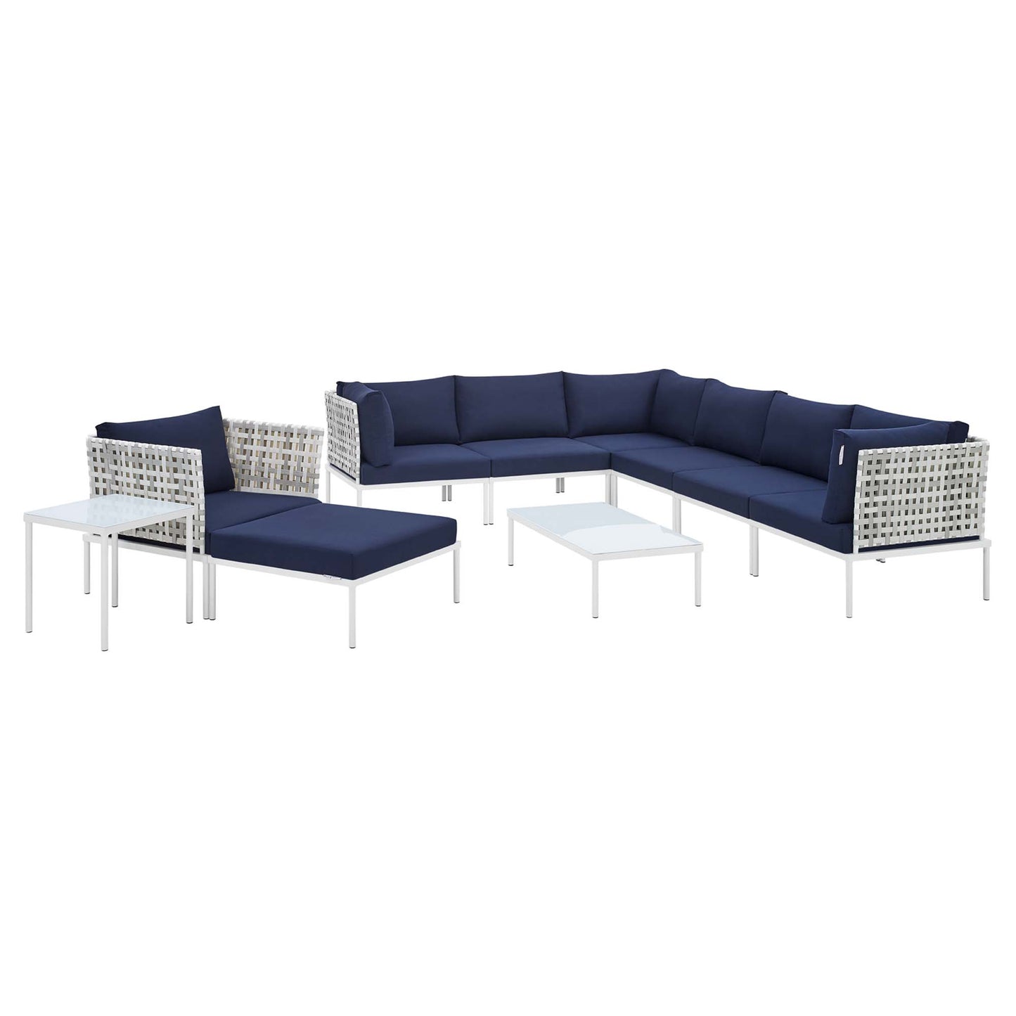 Modway Outlet Harmony 10-Piece Sunbrella? Basket Weave Outdoor Patio Aluminum Sectional Sofa Set by Modway Outdoor Furniture Furniture Taupe Navy - EEI-4950-TAU-NAV-SET