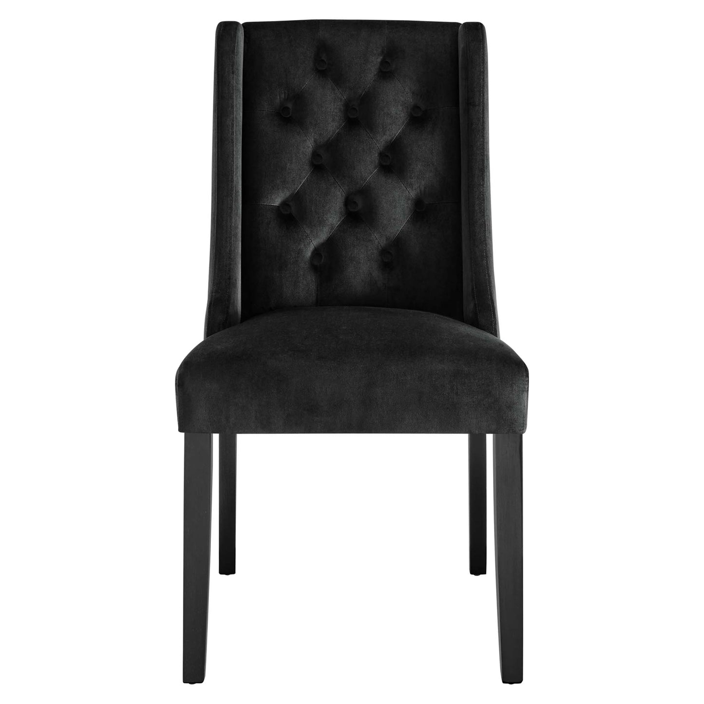 Black velvet tufted dining chairs with tall button-tufted backs, padded seats and straight legs.