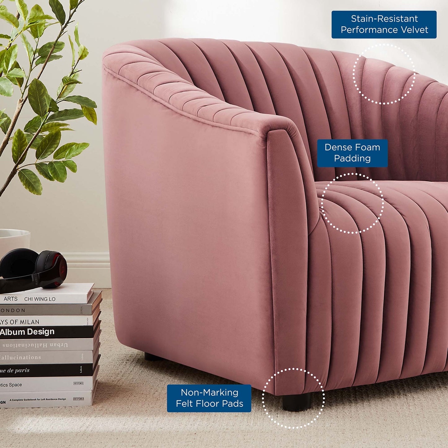 Modway Outlet Announce Performance Velvet Channel Tufted Armchair by Modway Living Room Furniture Dusty Rose - EEI-5055-DUS