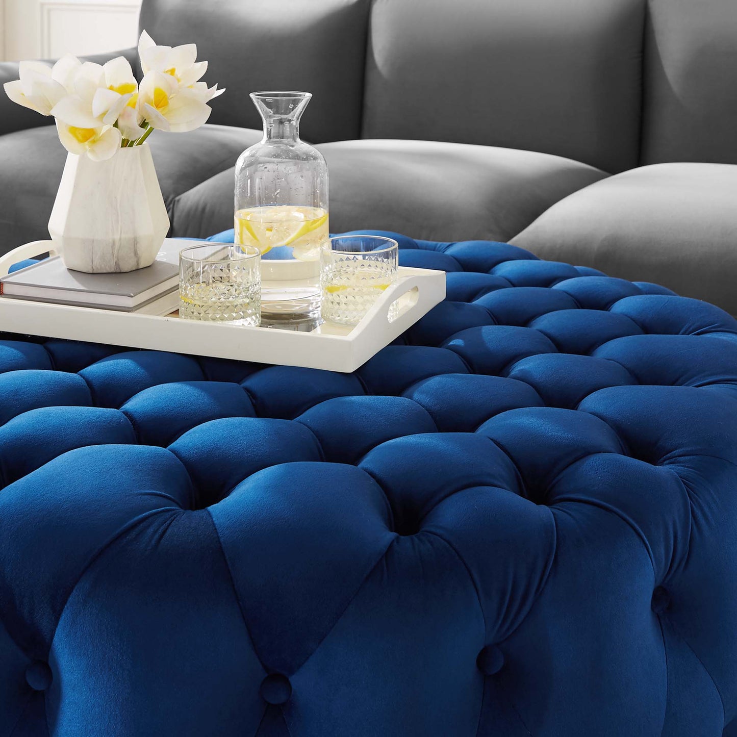 Modway - Amour Tufted Button Large Round Performance Velvet Ottoman by Modway Living Room Sofas and Armchairs Blue - EEI-5469-NAV