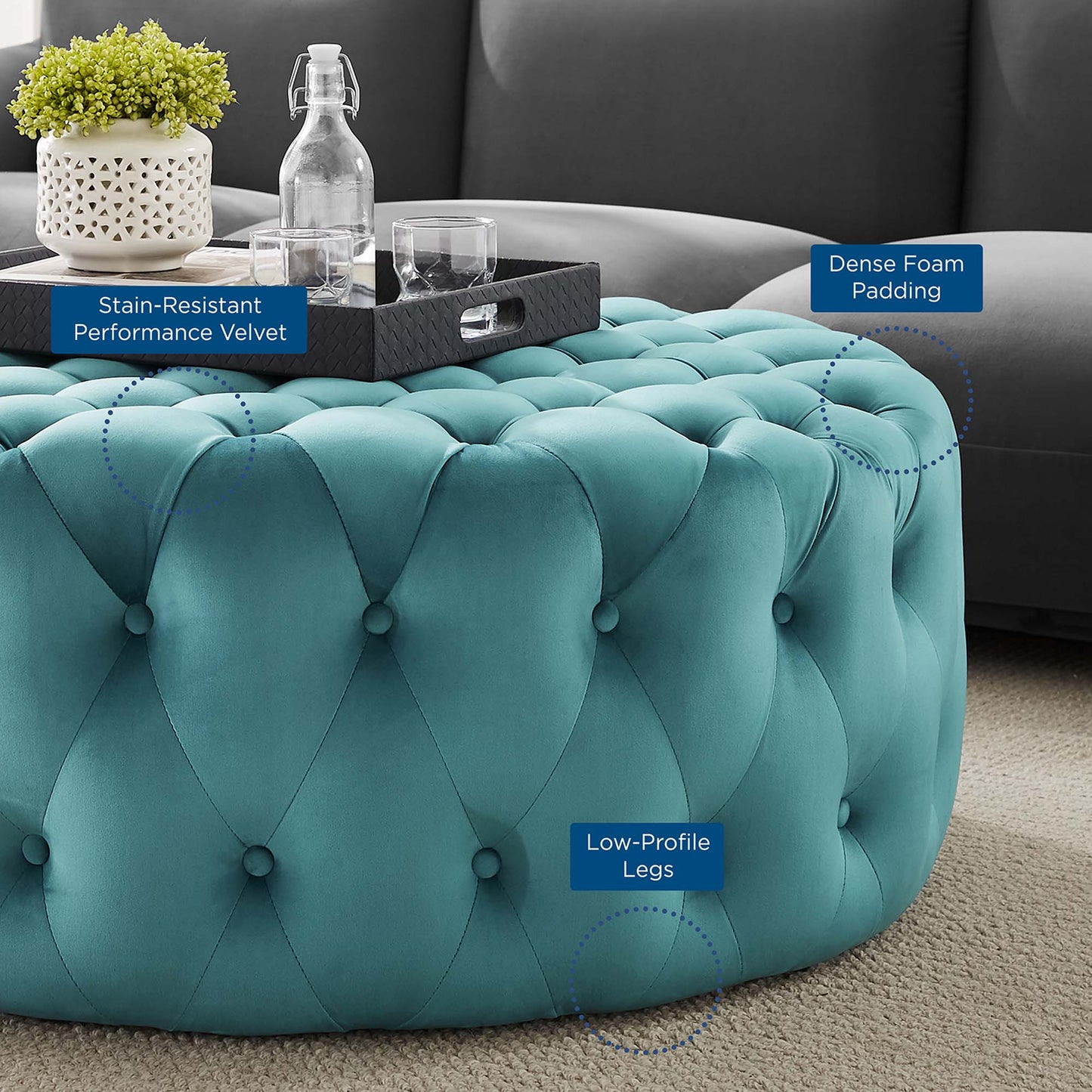 Modway Outlet Amour Tufted Button Large Round Performance Velvet Ottoman by Modway Living Room Furniture Sea Blue - EEI-5469-SEA