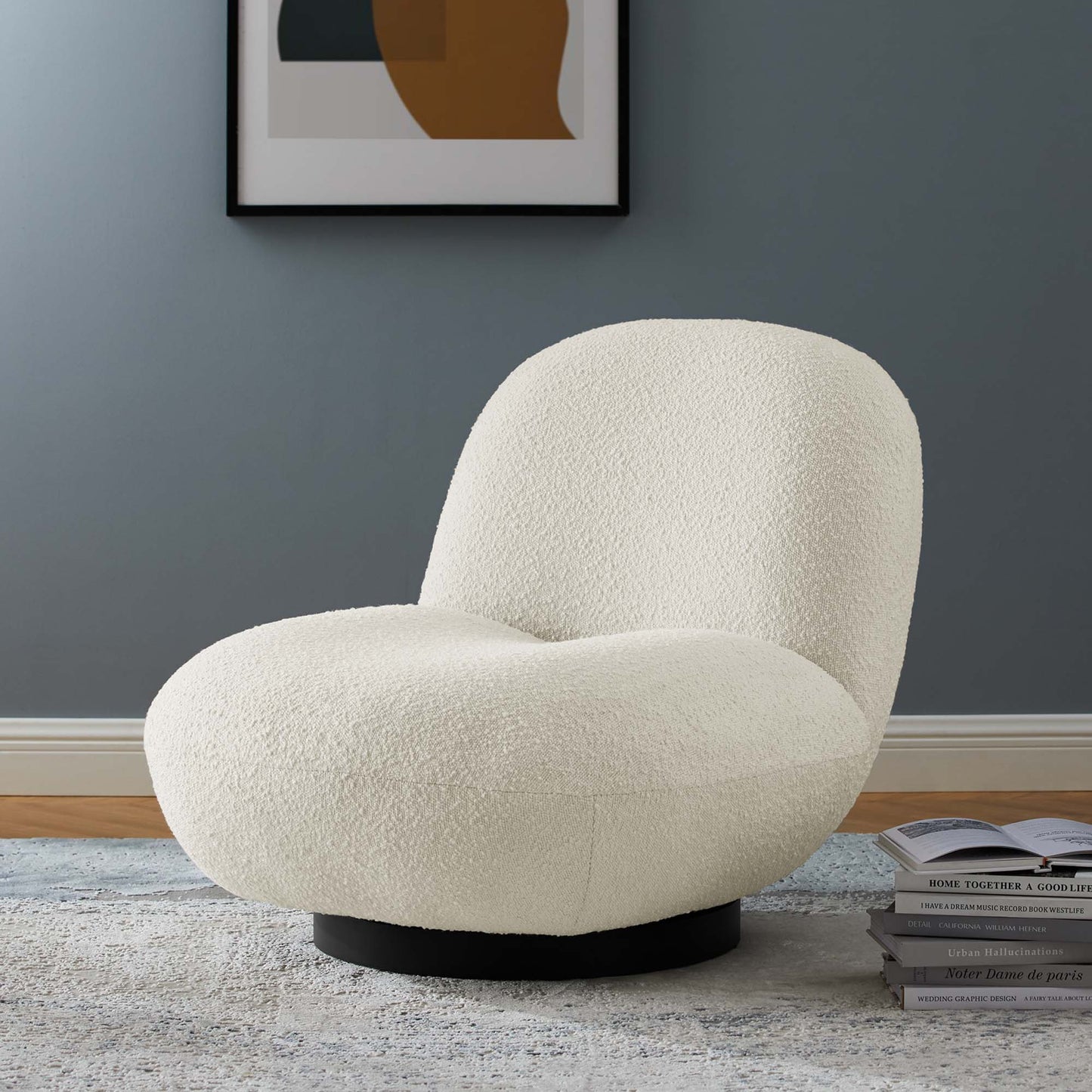 Modway - Kindred Boucle Upholstered Upholstered Fabric Swivel Chair by Modway Living Room Sofas and Armchairs White - EEI-5486-BLK-IVO