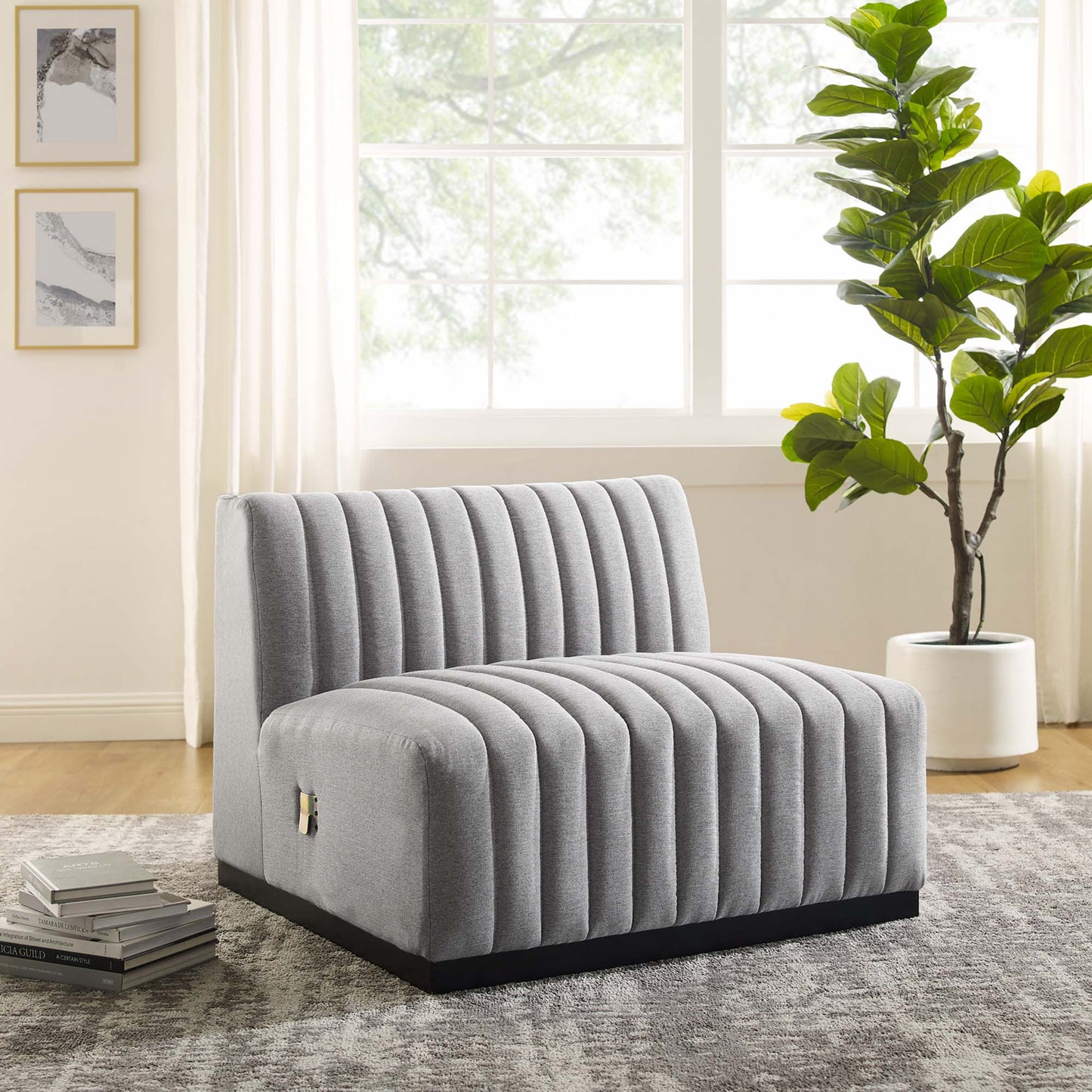 Modway Outlet Conjure Channel Tufted Upholstered Fabric Armless Chair by Modway Living Room Furniture Black Light Gray - EEI-5495-BLK-LGR