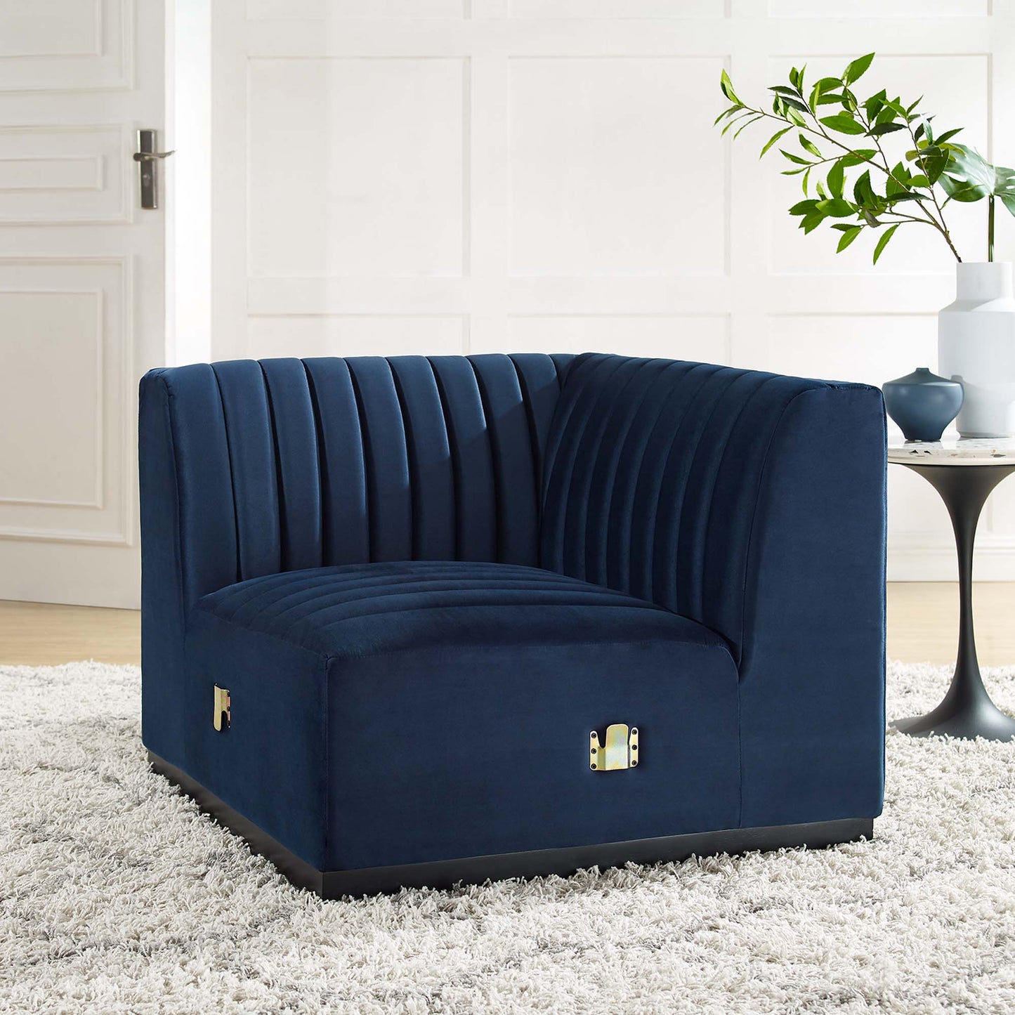 Modway Outlet Conjure Channel Tufted Performance Velvet Left Corner Chair by Modway Living Room Furniture Black Midnight Blue - EEI-5496-BLK-MID