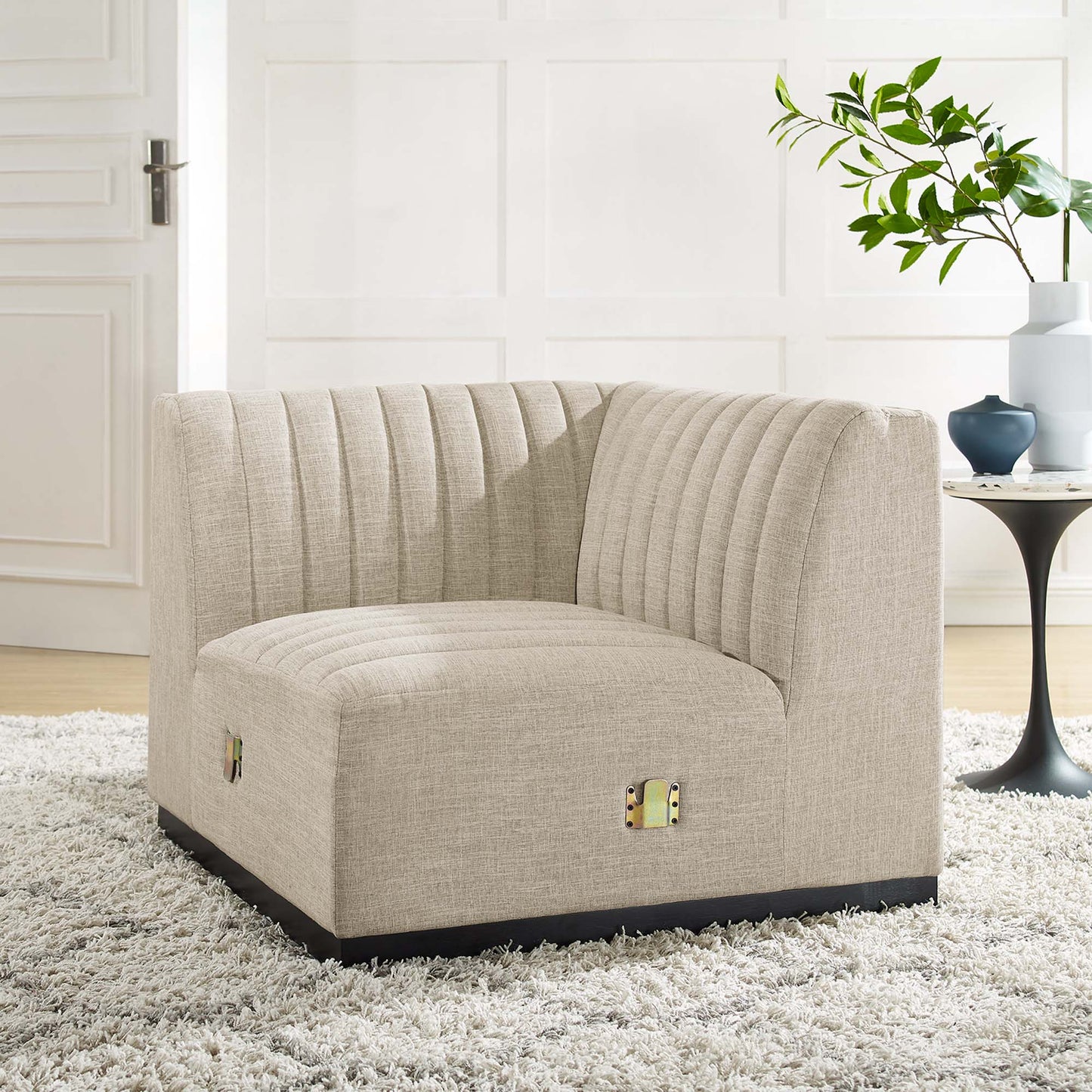 Modway Outlet Conjure Channel Tufted Upholstered Fabric Left Corner Chair by Modway Living Room Furniture Black Beige - EEI-5497-BLK-BEI