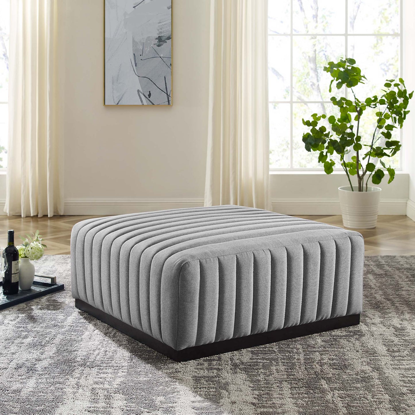 Modway Outlet Conjure Channel Tufted Upholstered Fabric Ottoman by Modway Living Room Furniture Black Light Gray - EEI-5501-BLK-LGR