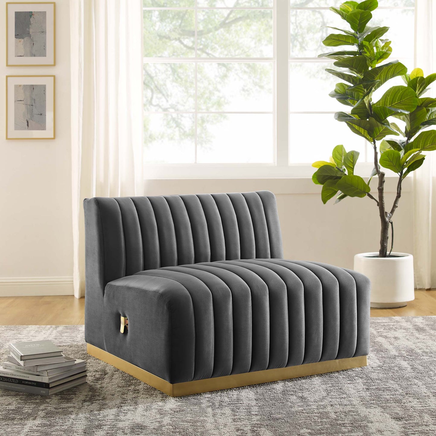 Modway Outlet Conjure Channel Tufted Performance Velvet Armless Chair by Modway Living Room Furniture Gold Gray - EEI-5504-GLD-GRY