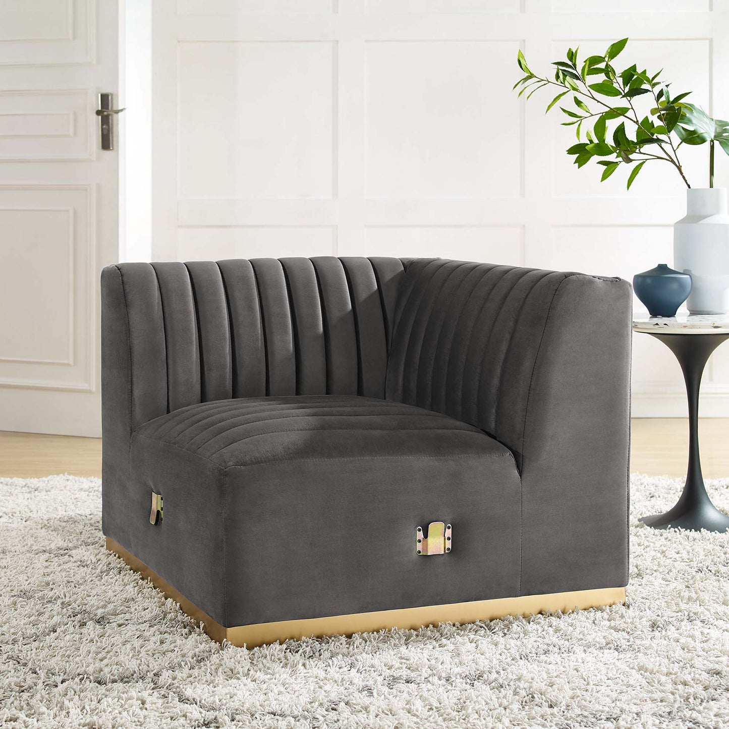 Modway Outlet Conjure Channel Tufted Performance Velvet Left Corner Chair by Modway Living Room Furniture Gold Gray - EEI-5505-GLD-GRY