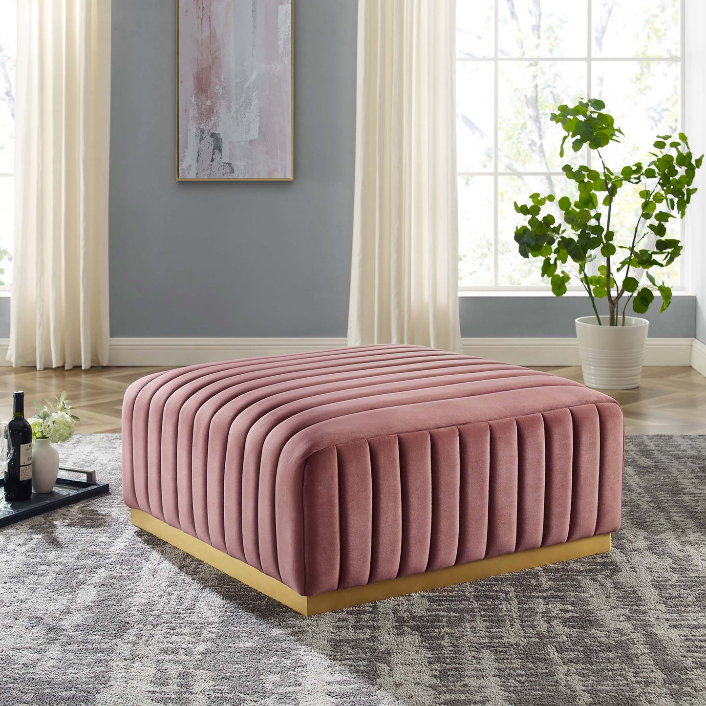 Modway Outlet Conjure Channel Tufted Performance Velvet Ottoman by Modway Living Room Furniture Gold Dusty Rose - EEI-5507-GLD-DUS