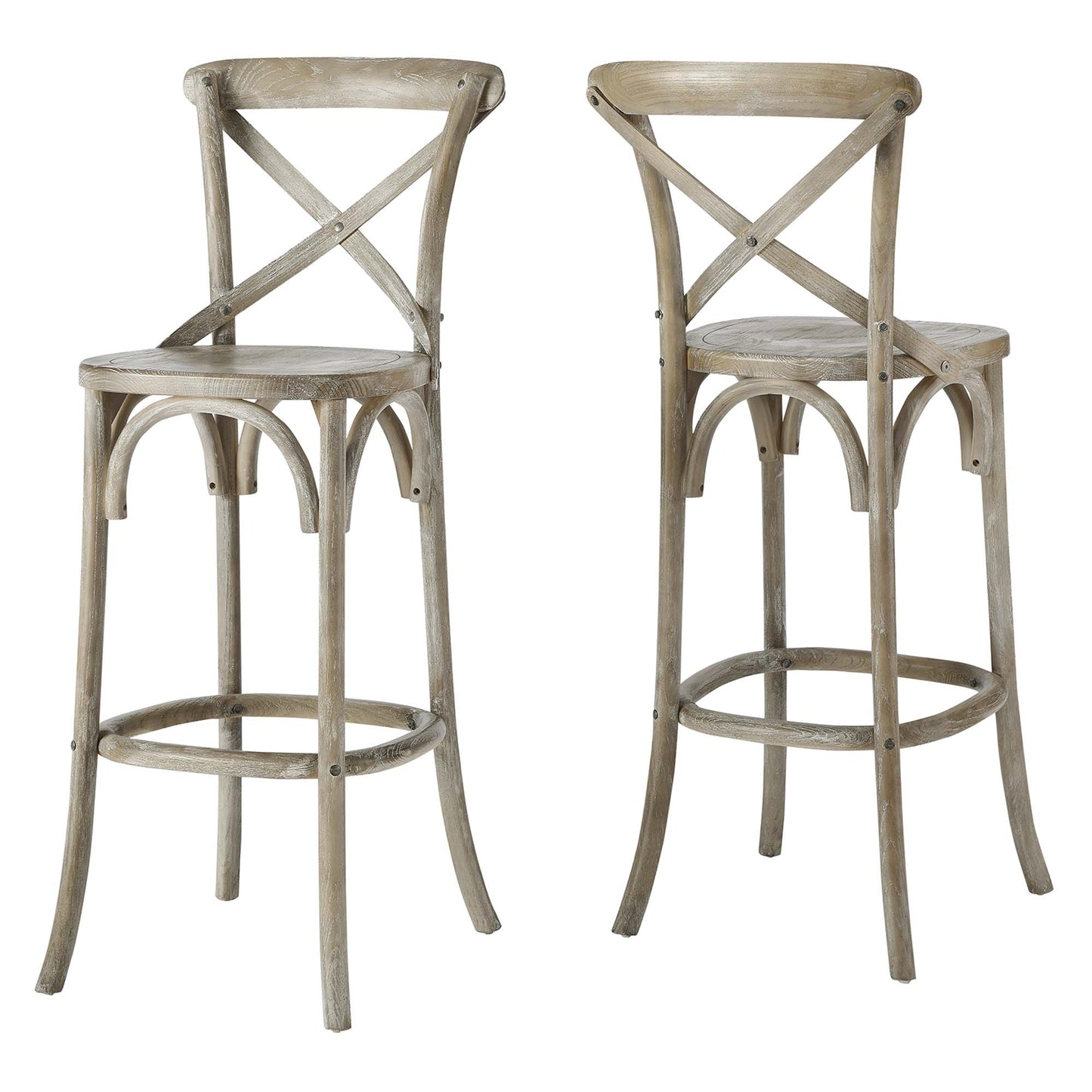 Pair of gray weathered wooden bar stools with round seats, X-back, arched legs and footrest ring