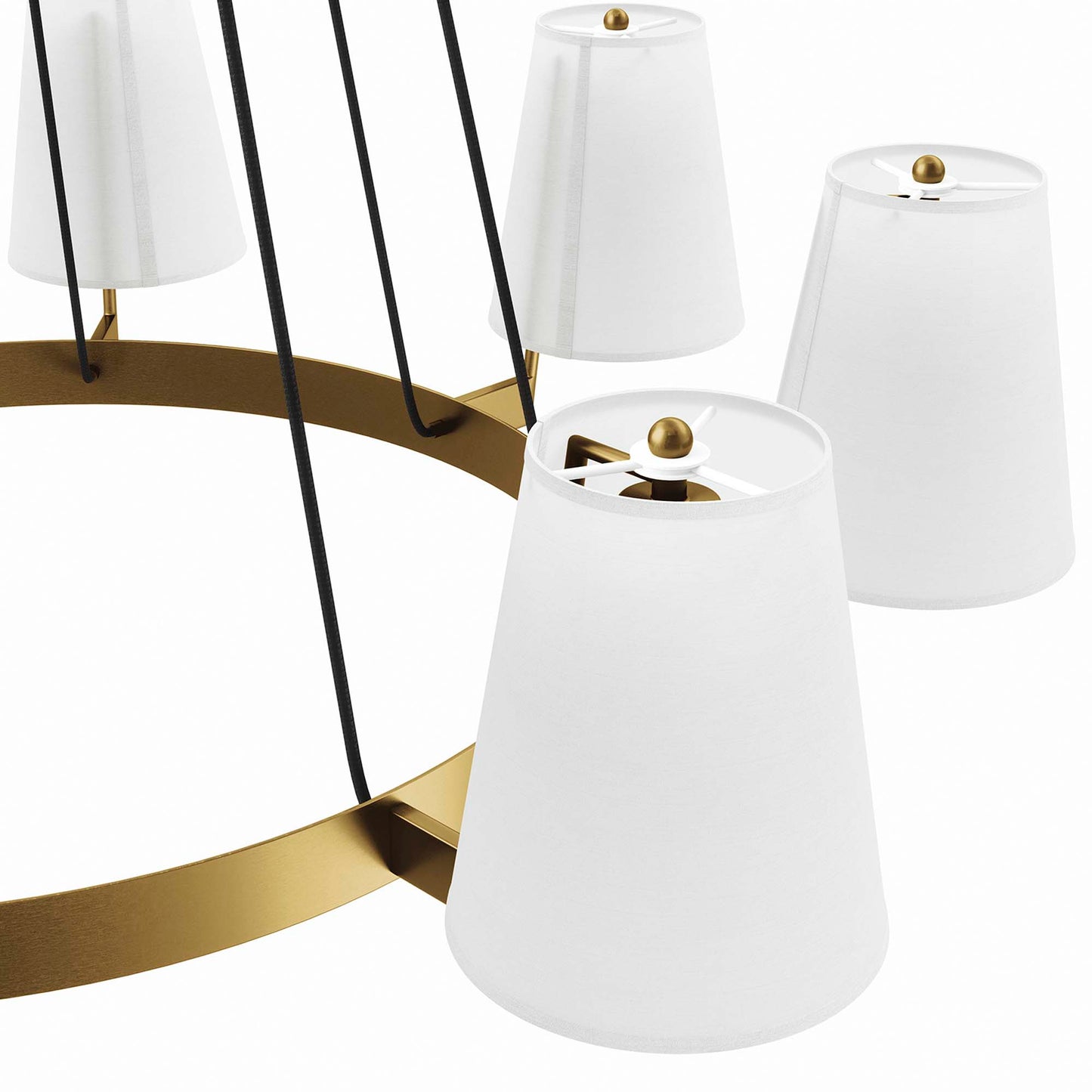 White fabric cone shades on a round satin-brass frame with black cords; an 8-light chandelier.