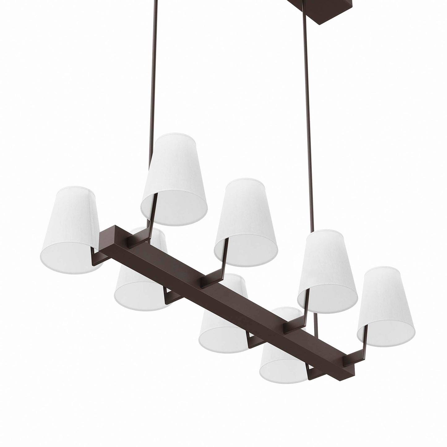 Eight-light linear chandelier with a white-brass finish and white cone shades suspended by cords.