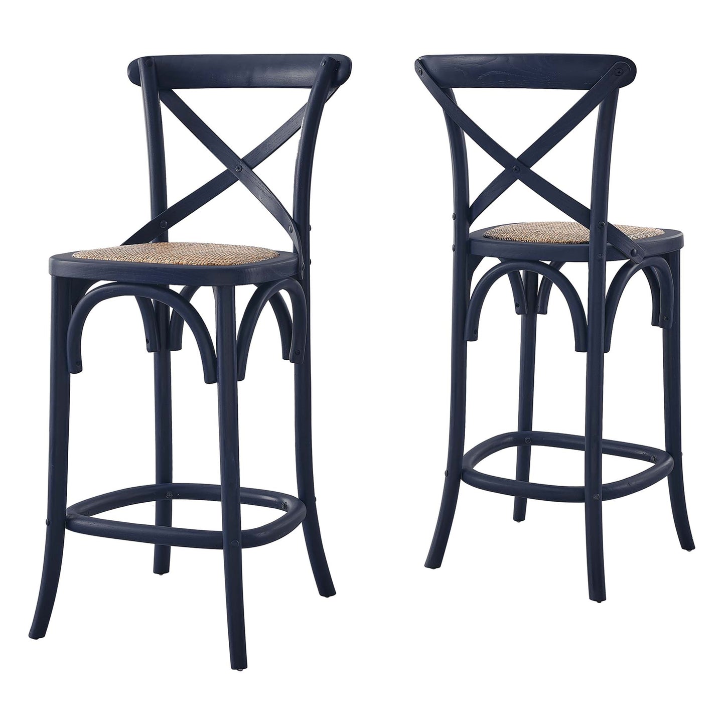 Pair of navy blue metal counter stools with woven cane seats, X-back, curved legs and circular footrest.