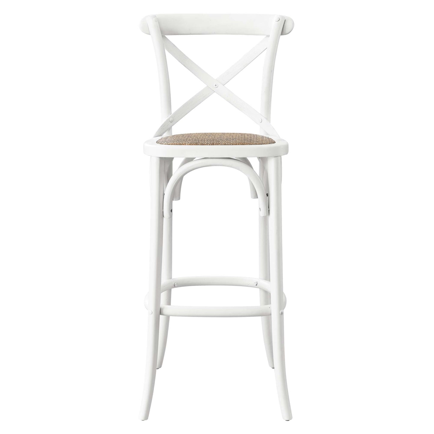 White bar stool with X-back, woven natural seat, curved legs and footrest ring.