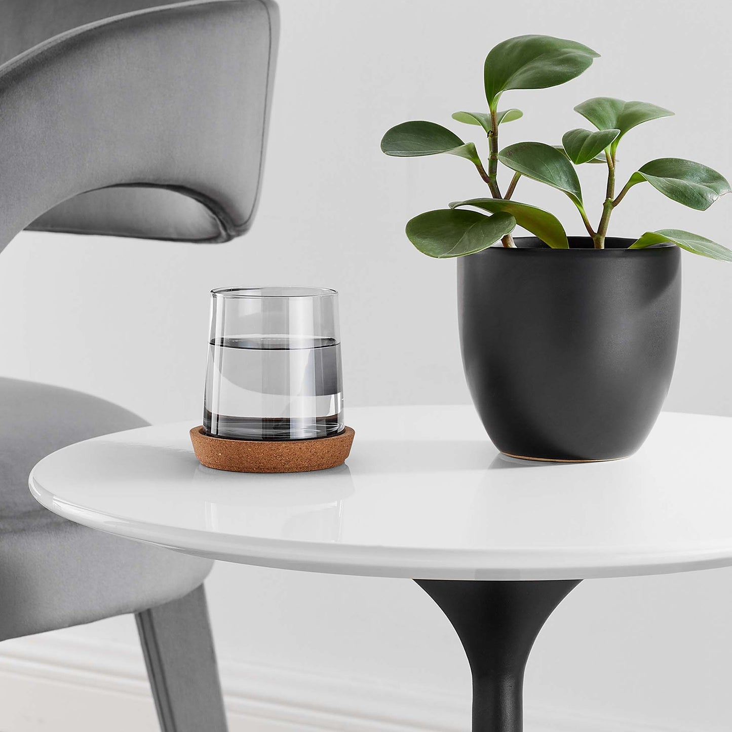 Glass tumbler with water on a cork coaster beside a leafy plant in a black pot on a white round wood side table.