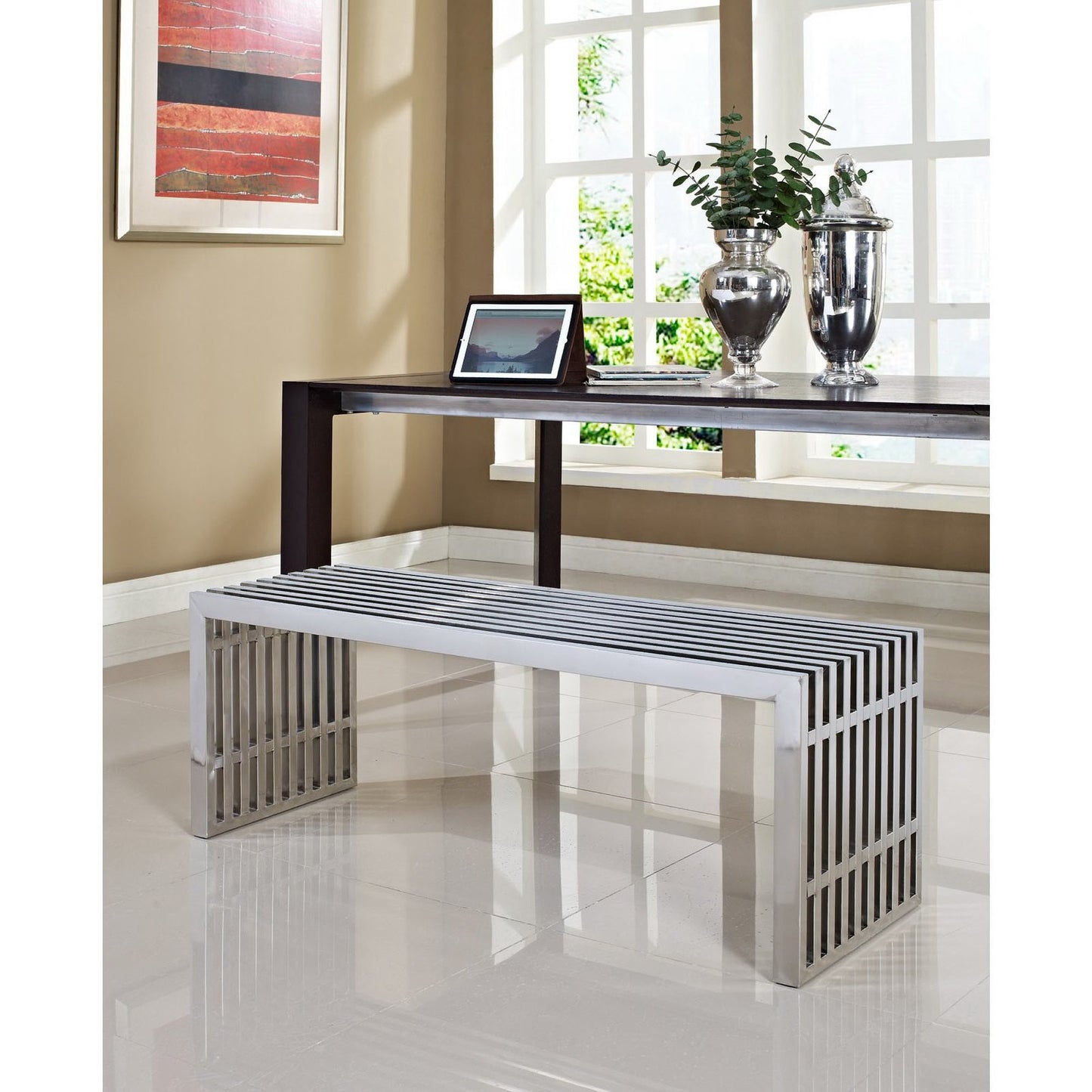 Modway - Gridiron Large Stainless Steel Bench by Modway Living Room Benches and Stools Silver - EEI-570-SLV