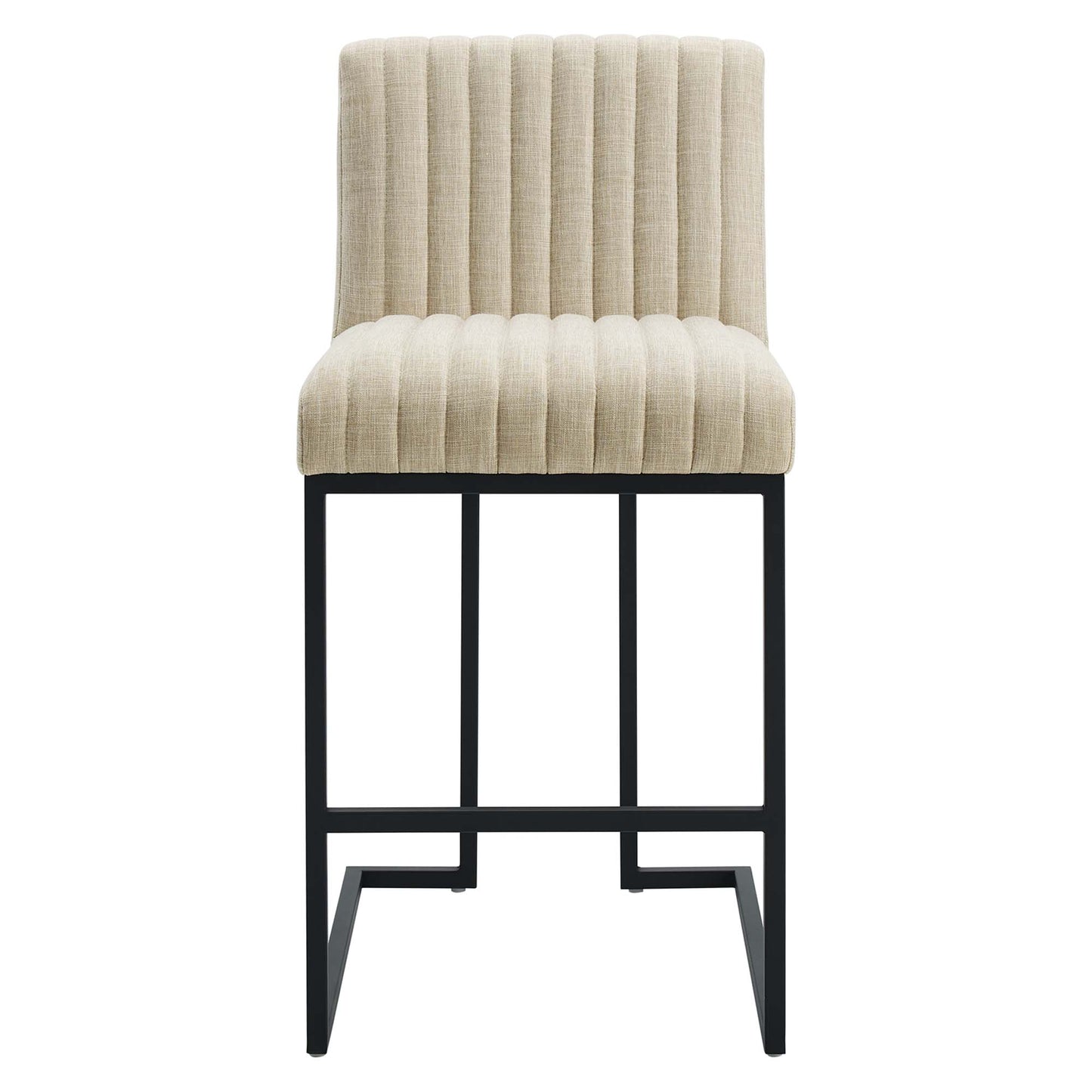 Brown upholstered counter stool with vertical channel tufting & black metal frame, rectangular footrest.