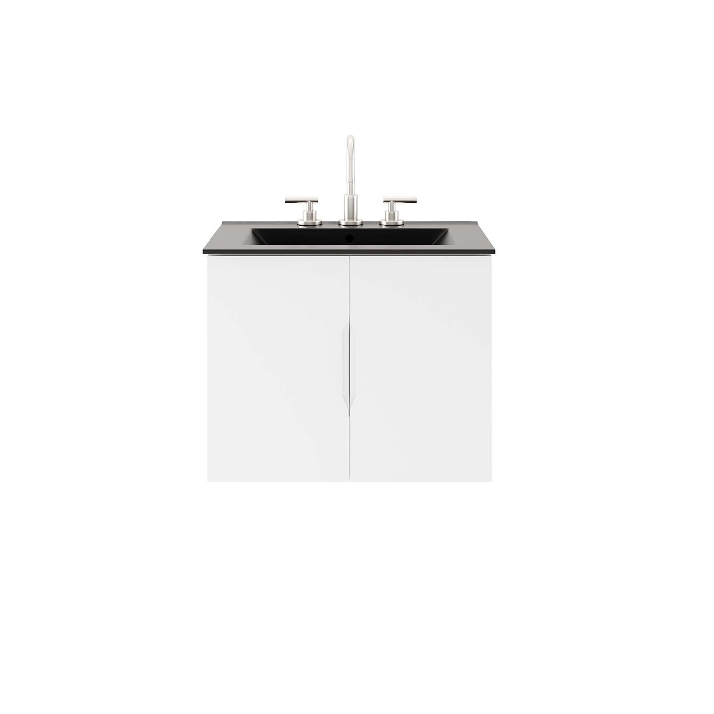 White 2-door bathroom vanity with black countertop, inset sink, and chrome dual-handle faucet
