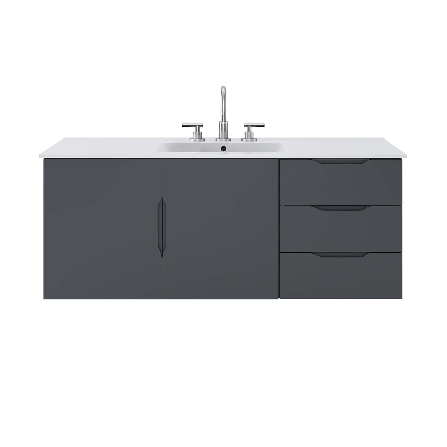White bathroom vanity with white countertop & sink; left single-door cabinet, right two-drawer unit, chrome faucet.
