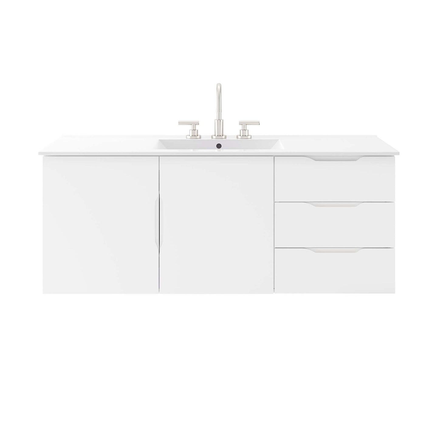 White bathroom vanity with integrated sink, chrome faucet, left cabinet doors, and right three-drawer unit.