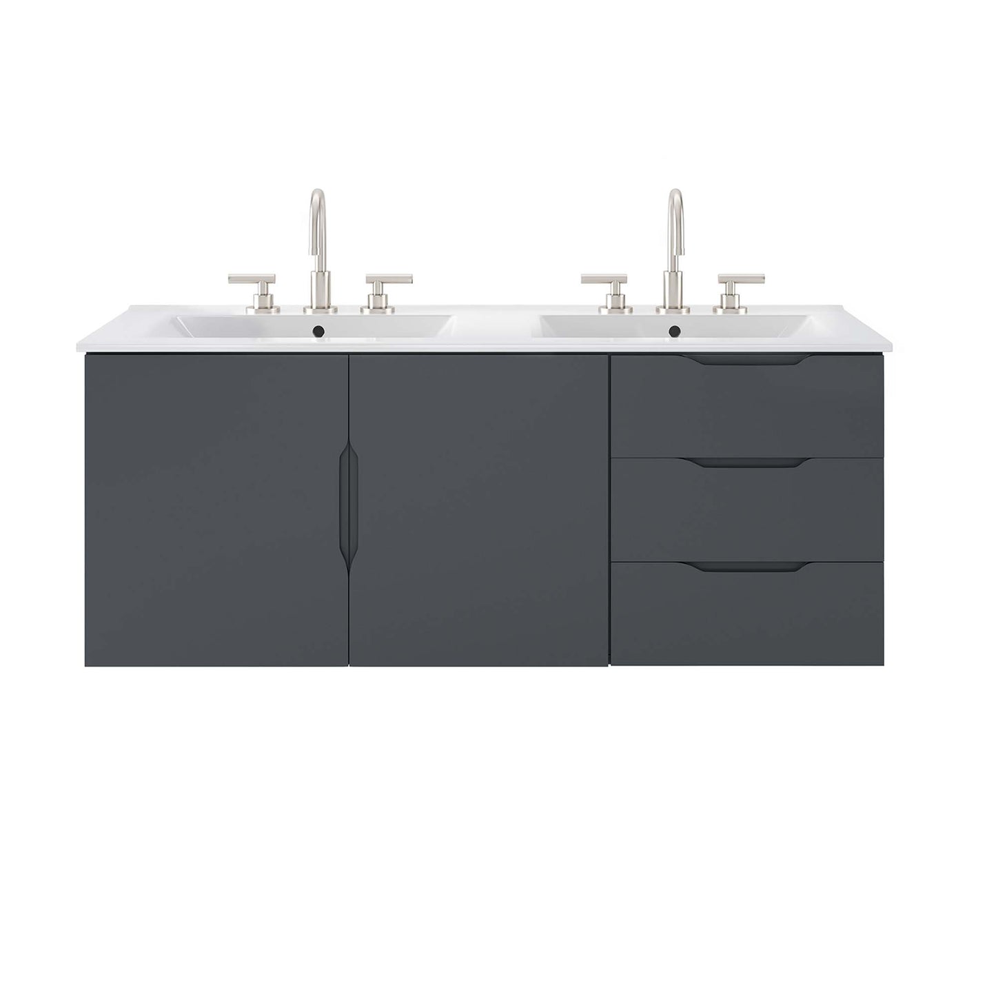 Gray double-sink bathroom vanity with white countertop and chrome faucets; left double-door cabinet, right two-drawer unit.