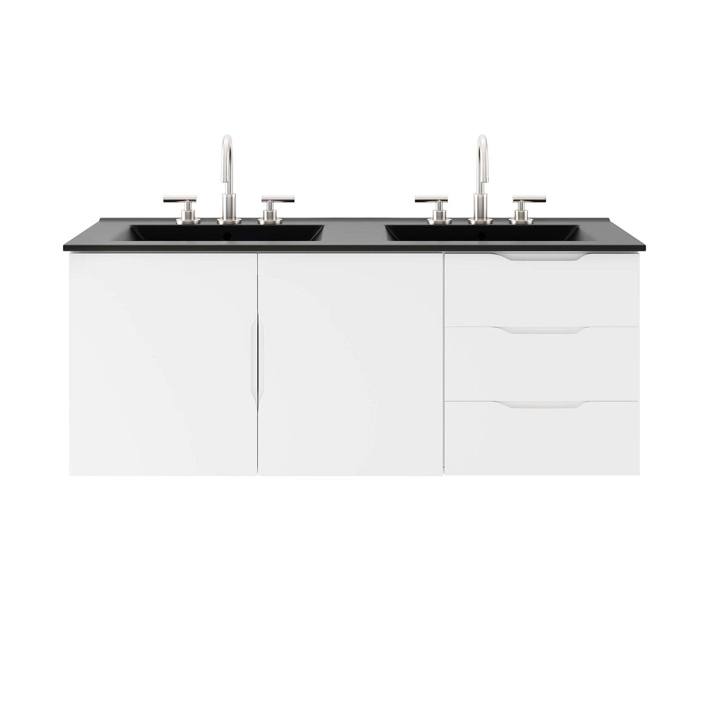 Black bathroom vanity with black countertop, double sinks, chrome faucets, two doors on the left and three drawers on the right.