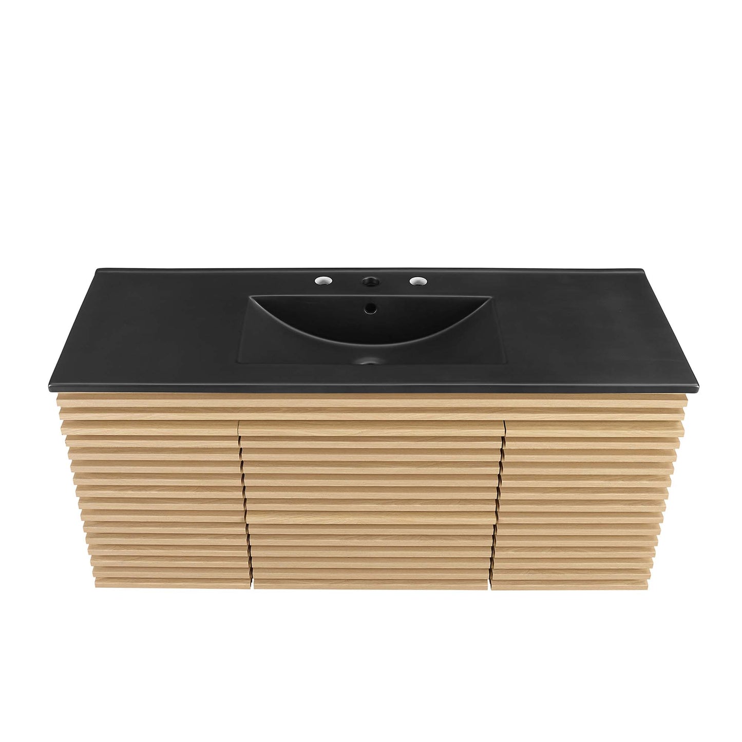 Oak slatted bathroom vanity with black top and integrated sink, three-door storage, modern rustic style.