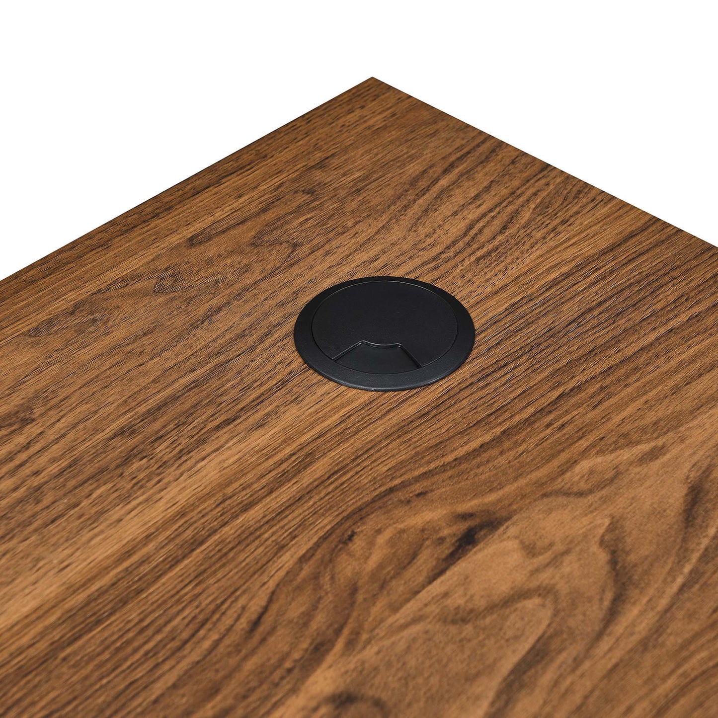 Walnut-finish wood desk top with a black circular cable grommet inset; part of a desk and file cabinet set.