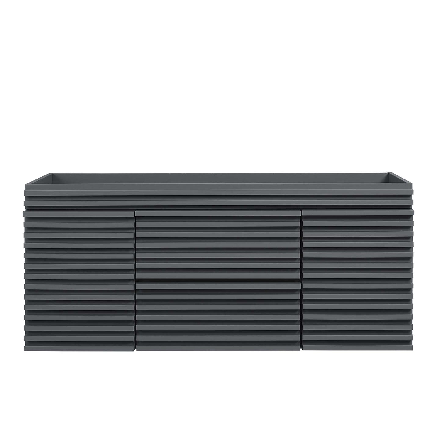 Gray bathroom vanity cabinet; 48-inch wide, single-sink compatible (sink not included).