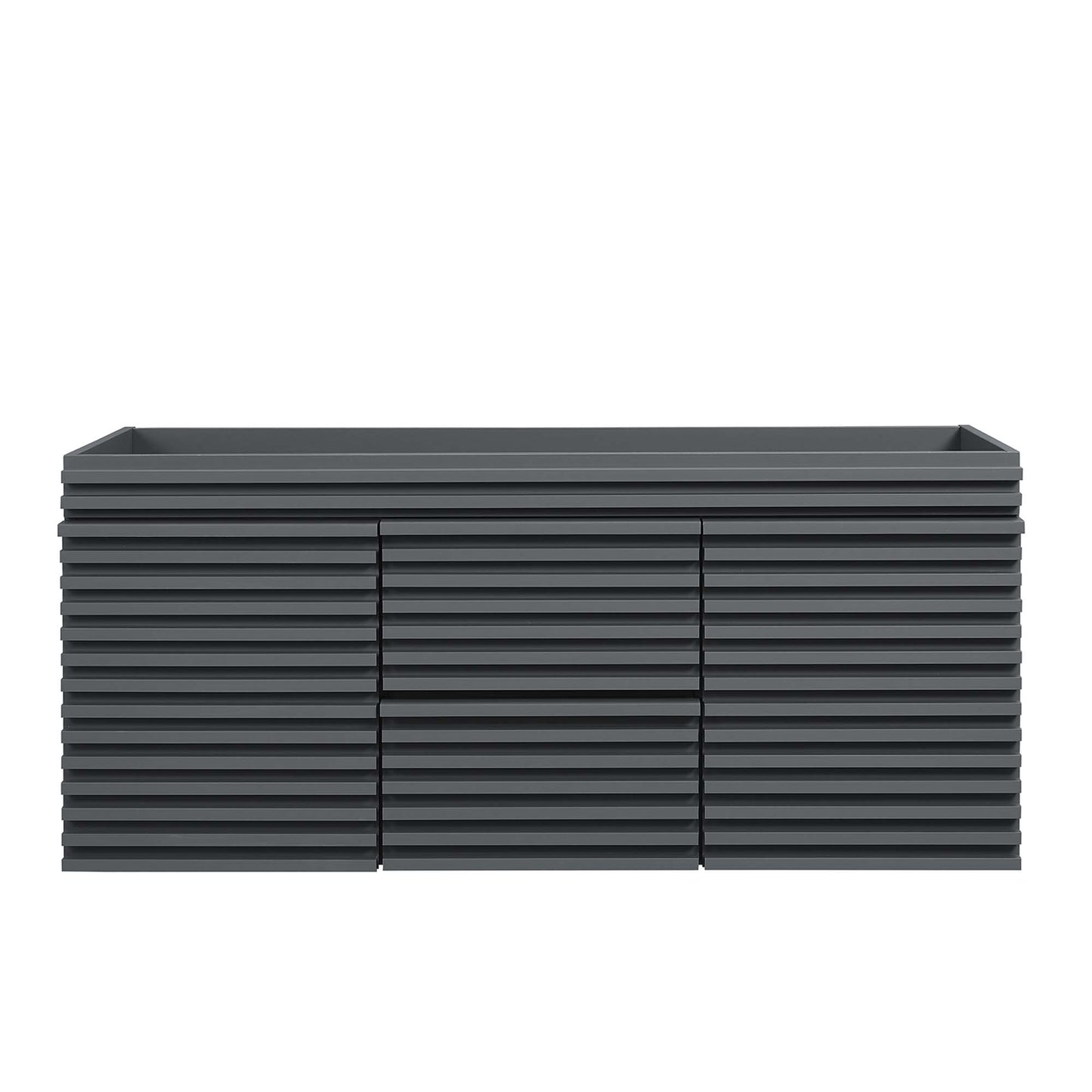 Dark gray rectangular bathroom vanity cabinet with storage, designed for a double sink setup.