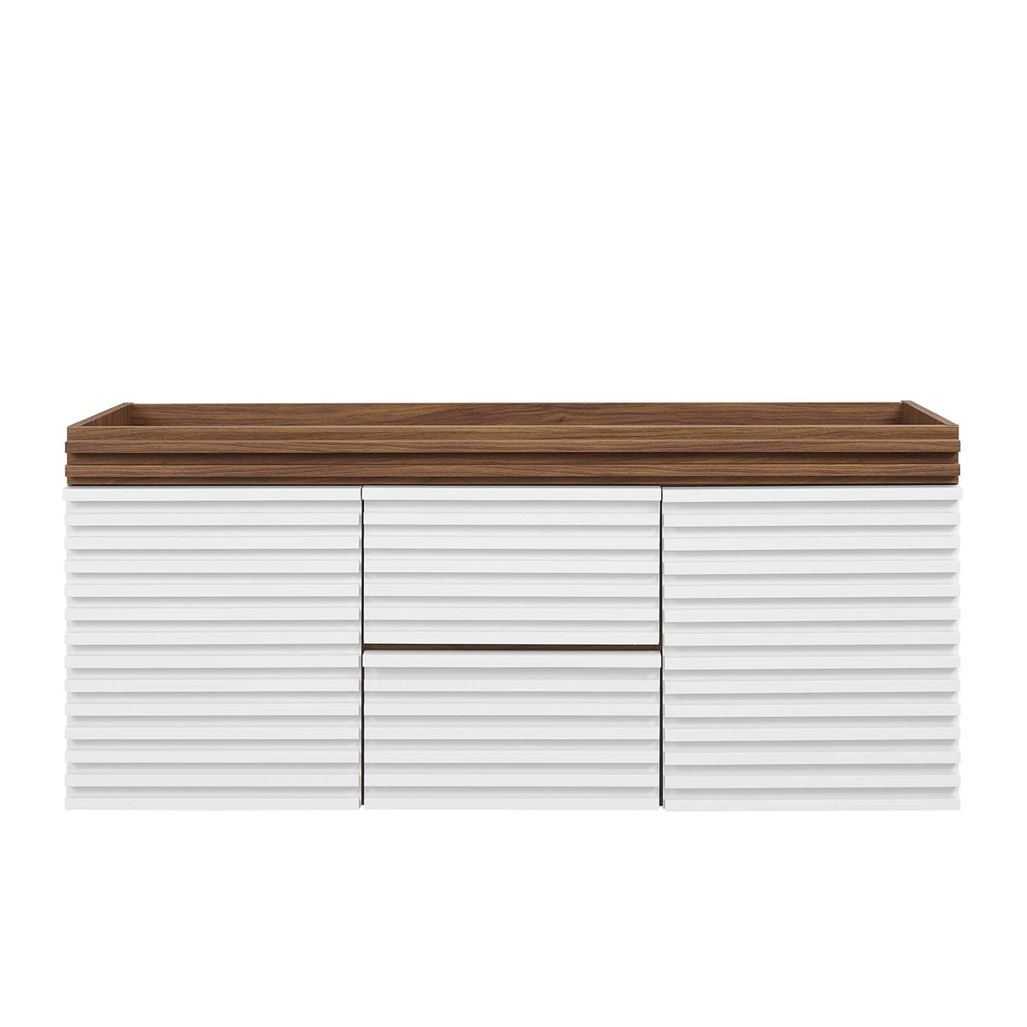 White ribbed bathroom vanity cabinet with walnut top, low-profile design featuring center drawers and outer storage doors.