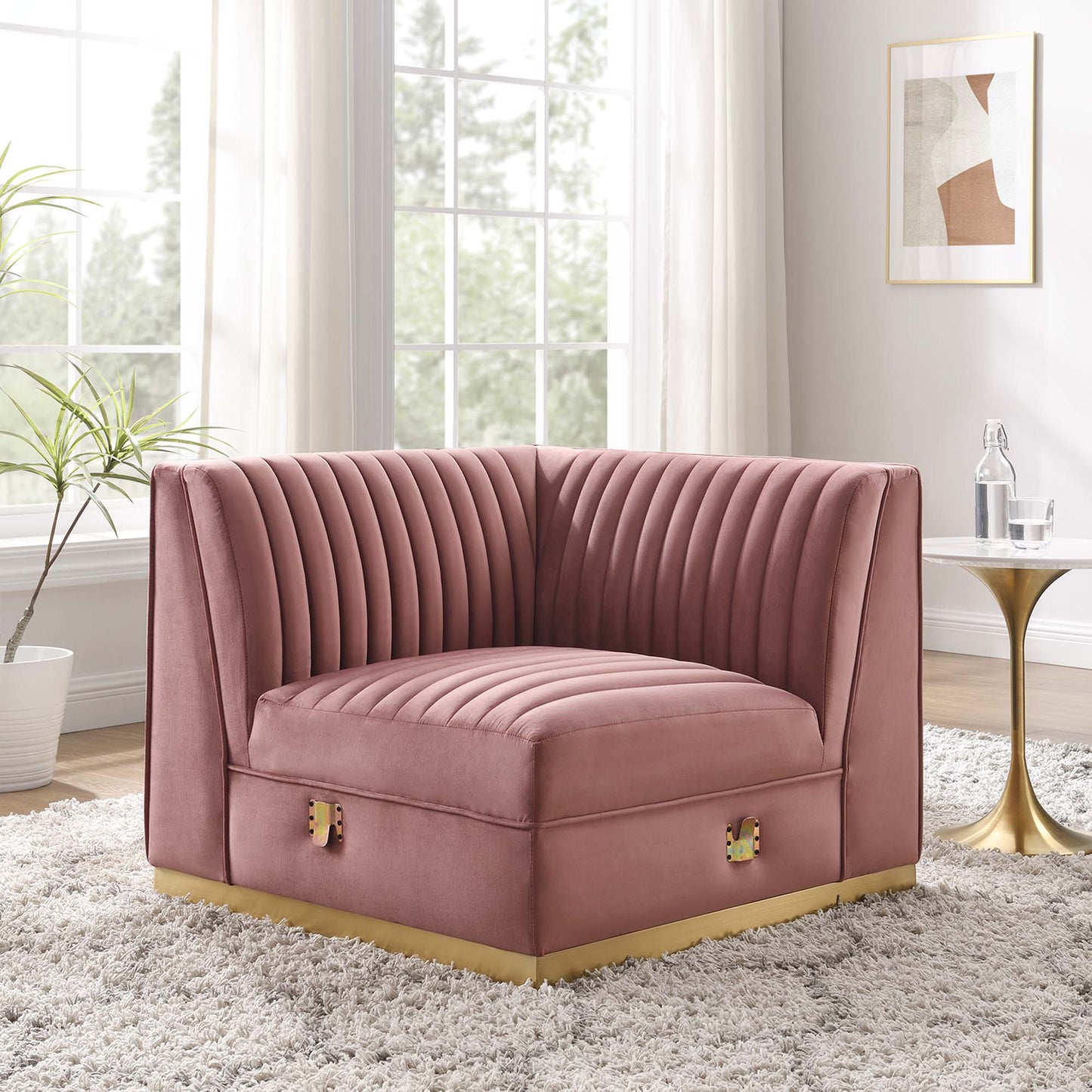 Modway Outlet Sanguine Channel Tufted Performance Velvet Modular Sectional Sofa Left Corner Chair by Modway Living Room Furniture Dusty Rose - EEI-6034-DUS