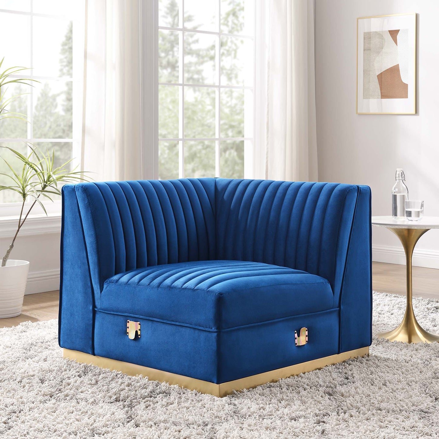 Modway Outlet Sanguine Channel Tufted Performance Velvet Modular Sectional Sofa Left Corner Chair by Modway Living Room Furniture Navy Blue - EEI-6034-NAV