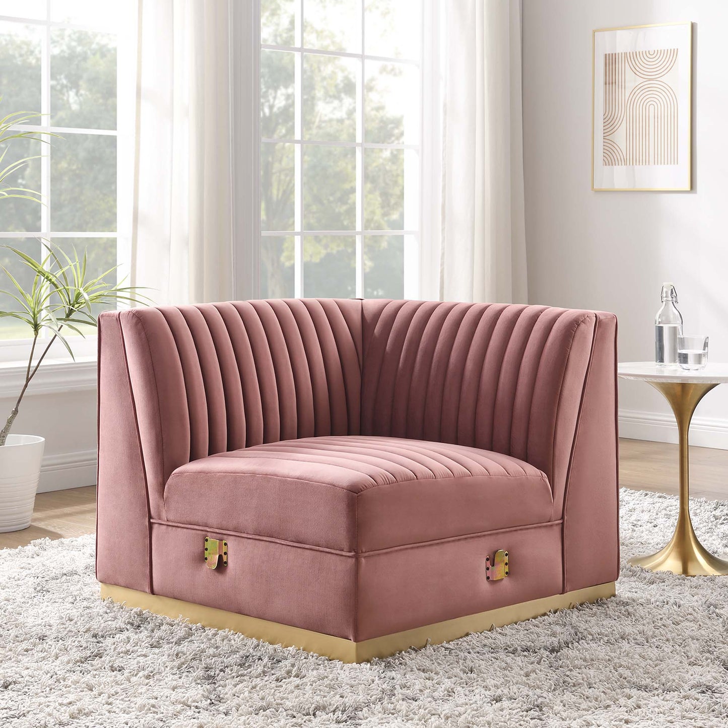Modway Outlet Sanguine Channel Tufted Performance Velvet Modular Sectional Sofa Right Corner Chair by Modway Living Room Furniture Dusty Rose - EEI-6035-DUS