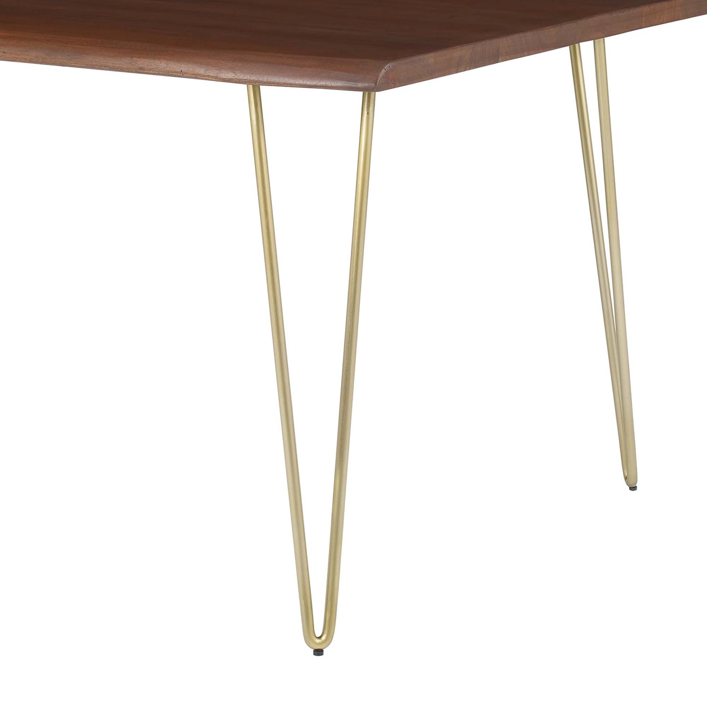 Live-edge acacia wood dining table with slim gold metal legs, mid-century modern style.