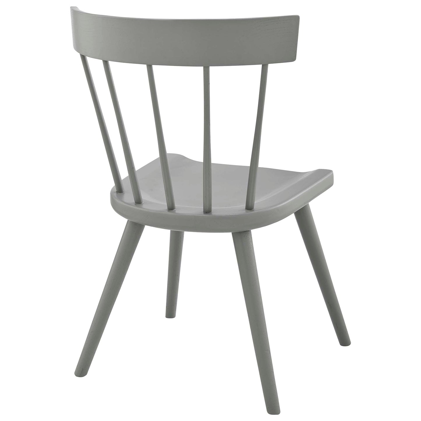 Gray-painted wooden Windsor chair with curved back, spindle supports, rounded seat, and angled legs.
