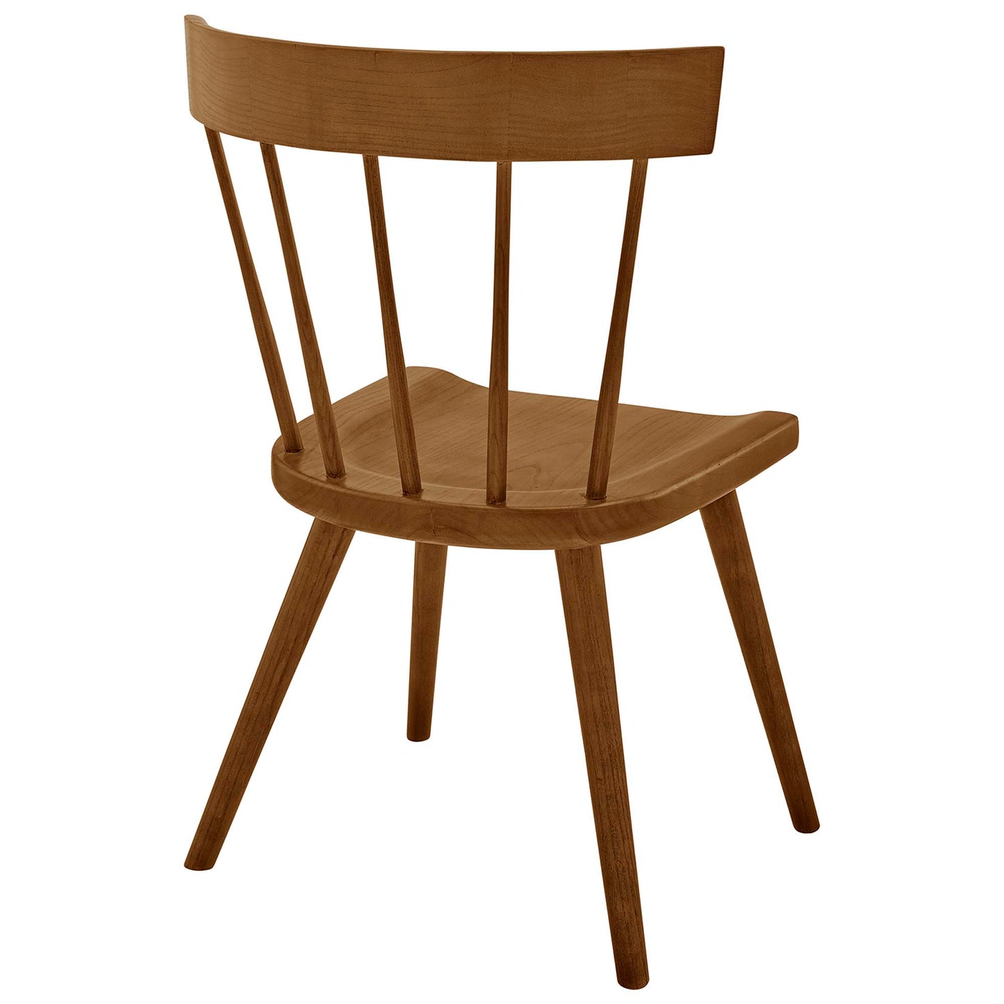 Walnut wooden chair with curved seat, spindle-back, and four tapered legs.