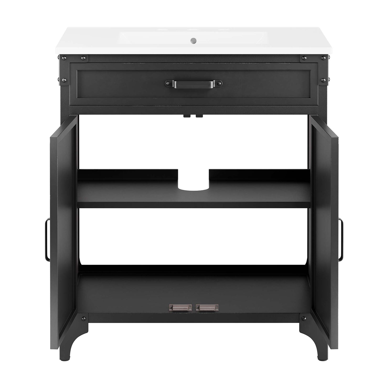 Bathroom vanity cabinet with white top, 30" wide, featuring a single centered drawer and two side doors revealing shelves; sink basin not included.