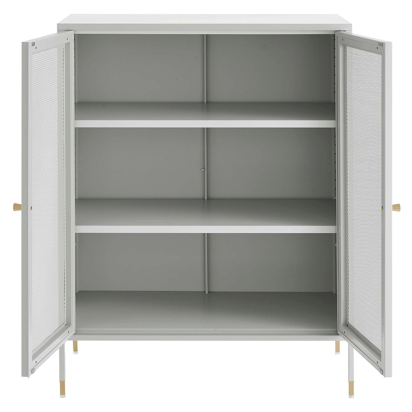 Gray metal cabinet with mesh doors, four fixed shelves, and brass legs for industrial storage.