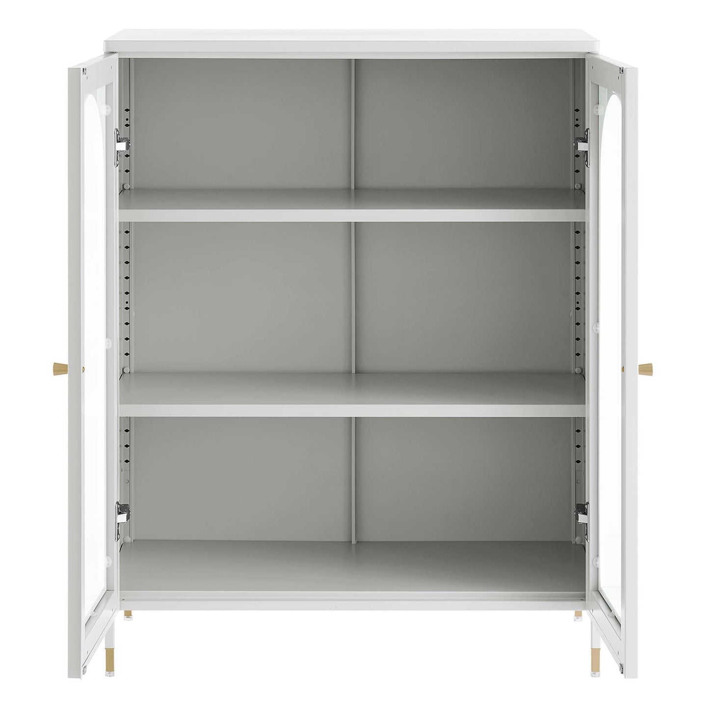 Light gray cabinet with two doors open, gray interior, three adjustable shelves, brass feet.