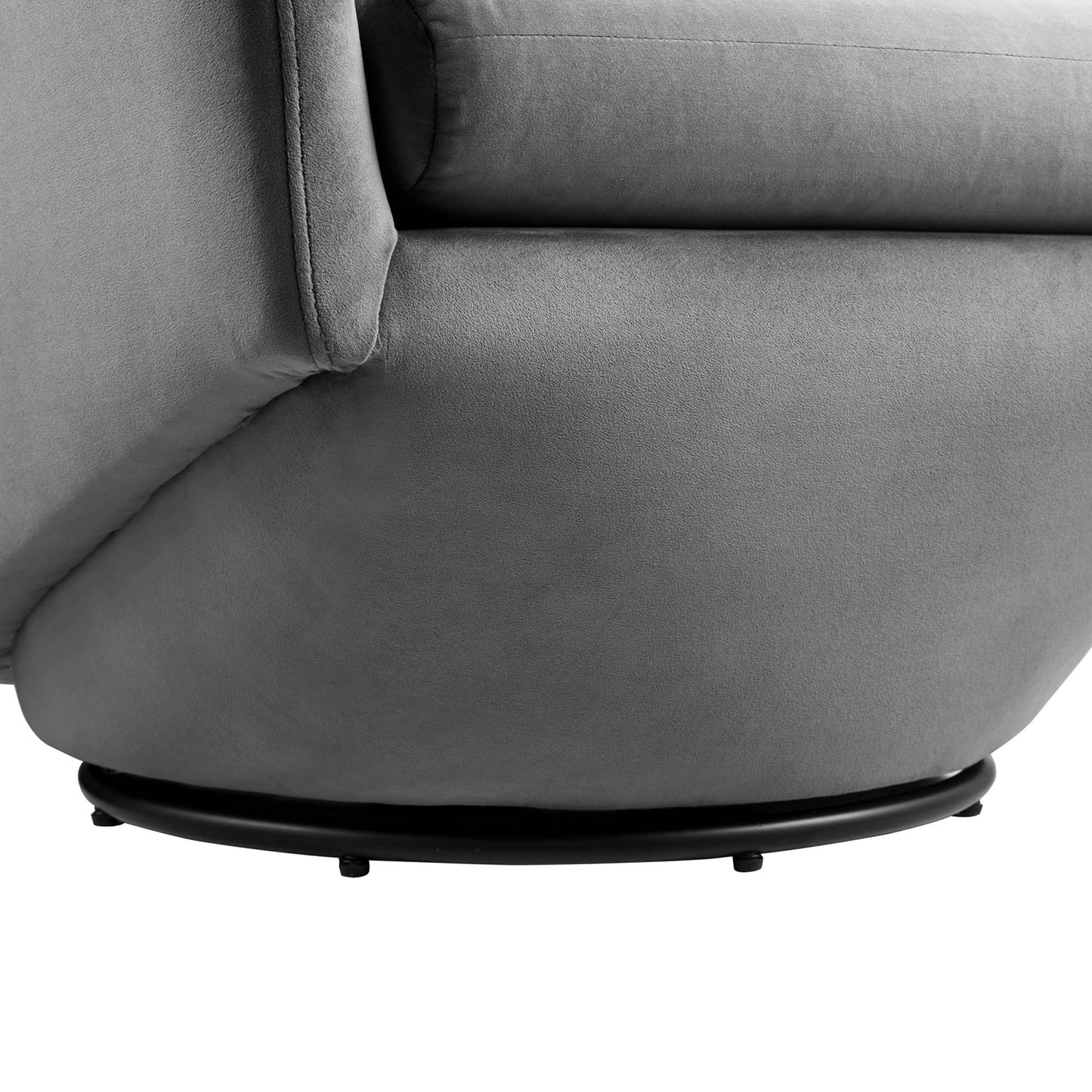 Gray fabric swivel chair with a rounded black circular base.