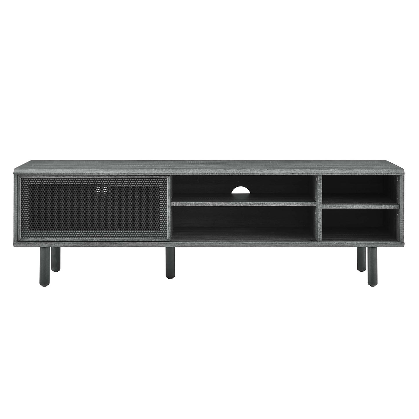 Industrial charcoal TV stand with left mesh cabinet, open right cubbies, circular cable hole, and metal tapered legs.