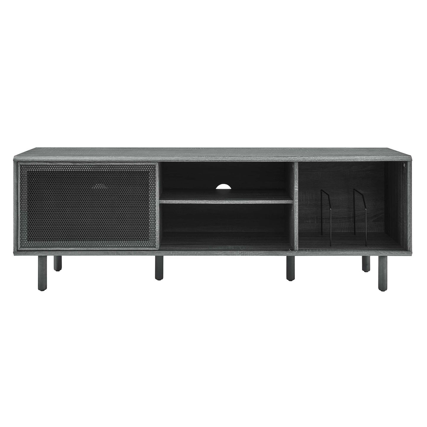 Black TV and vinyl record stand with left metal-mesh cabinet, center open shelves, and right section with vertical handles.
