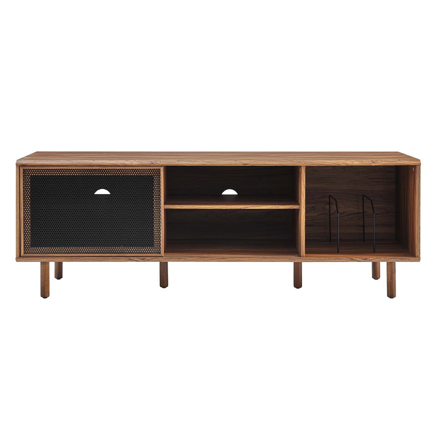 Brown mid-century media console: left black mesh door, two center open shelves, right open section with metal racks.
